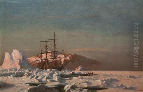 The Steamer Panther Among Icebergs At Sunset Oil Painting by William Bradford