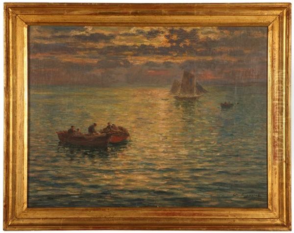 Figures In Boats At Sunset, Marseilles Oil Painting by Charles Louis Eugene Signoret