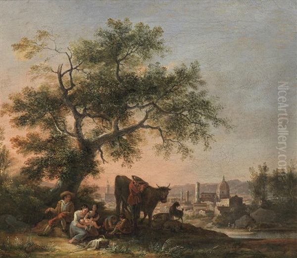 A Peasant Family Resting, Before A View Of Florence Oil Painting by Giovanni Signorini