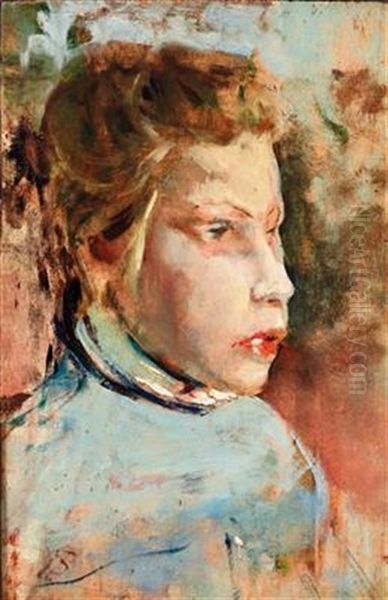 Portrait Of A Young Girl Oil Painting by Telemaco Signorini