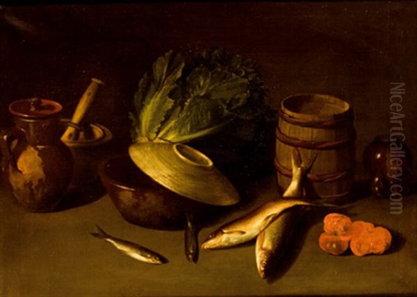 Bodegon Con Peces, Lechuga Y Cacharros Oil Painting by Joaquin Siguenza y Chavarrieta