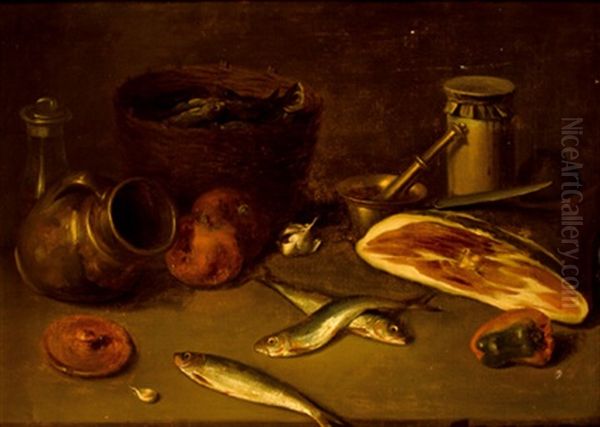 Bodegon Con Jamon, Sardinas Y Cacharros Oil Painting by Joaquin Siguenza y Chavarrieta