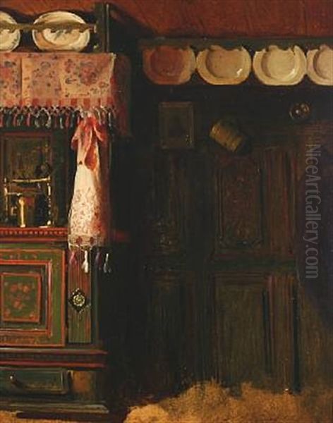 Country Kitchen Interior Oil Painting by Herman Carl Sigumfeldt