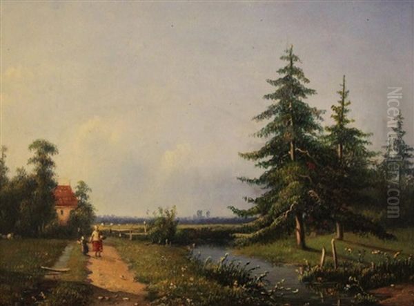 Canal Landscape With Evergreens Oil Painting by Ferdinand Hendrik Sijpkens