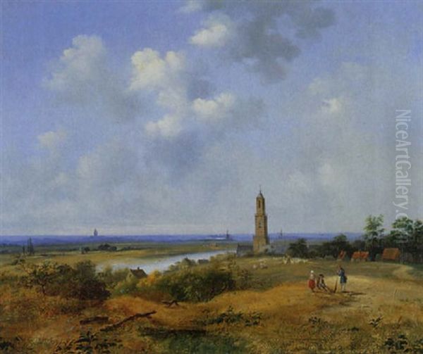 Hollandische Deichlandschaft Mit Personen- Und Tierstaffage Oil Painting by Ferdinand Hendrik Sijpkens