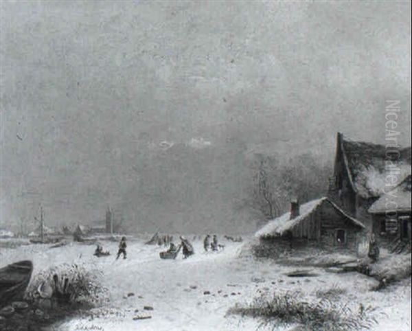 A Winter Landscape With Several Skaters Oil Painting by Ferdinand Hendrik Sijpkens