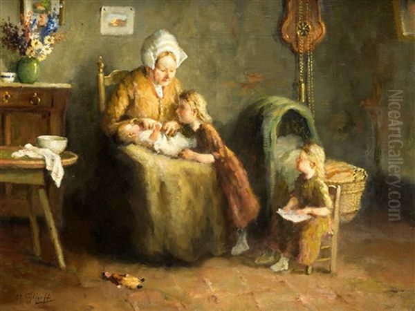 Mutter Mit Drei Kindern In Der Kinderstube Oil Painting by Gijsbertus Jan Sijthoff