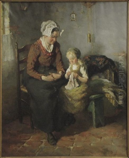 The Knitting Lesson Oil Painting by Gijsbertus Jan Sijthoff