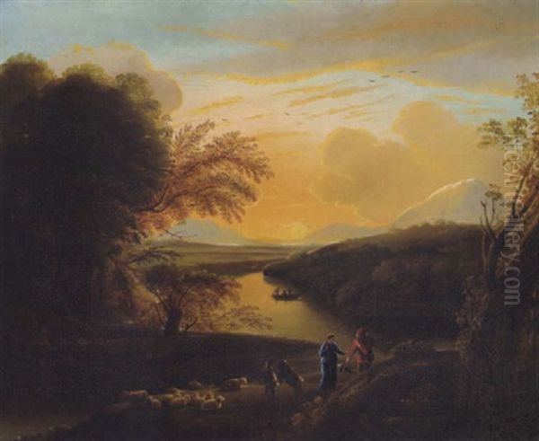 Weite, Bewaldete Fluslandschaft Mit Hirten Bei Sonnenuntergang Oil Painting by Jan Silberechts