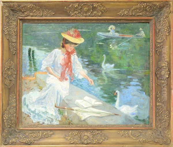 Lady With A Parasol Feeding The Ducks Oil Painting by Max Silbert