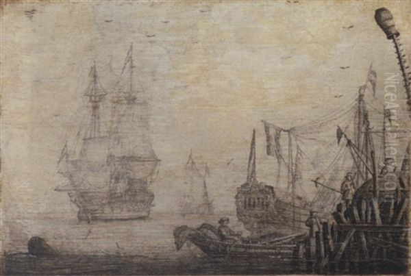 A Penschilderij: Shipping In A Harbour With Figures On A Quay In The Foreground Oil Painting by Experiens Sillemans