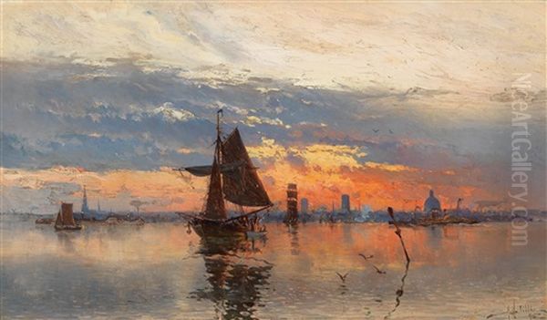 Scene At Dusk In The Harbour Of Stockholm Oil Painting by Herman Gustav af Sillen