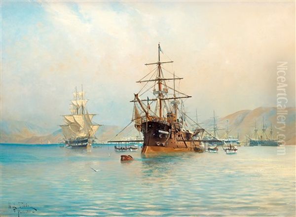 French Frigate Off The Coast Of The French Riviera Oil Painting by Herman Gustav af Sillen