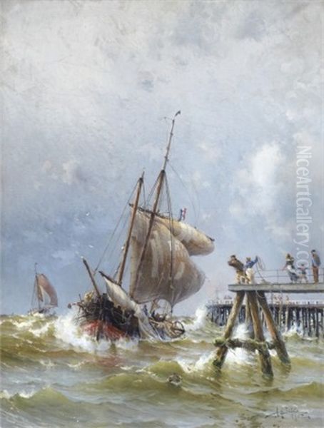 Segelfartyg Vid Pir Oil Painting by Herman Gustav af Sillen