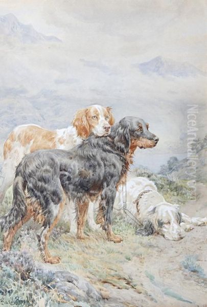 Setters In A Landscape Oil Painting by Basil Bradley