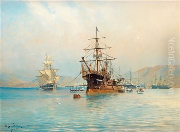 Fransk Pansarfregatt Utanfor Franska Rivieran Oil Painting by Herman Gustav af Sillen