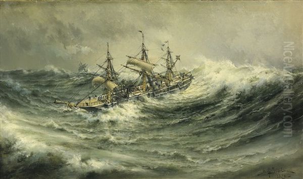 Skepp Pa Stormigt Hav Oil Painting by Herman Gustav af Sillen