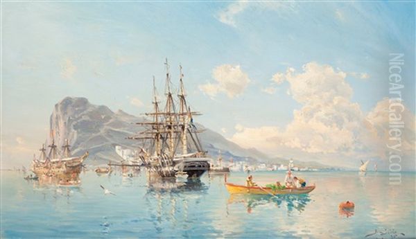 Svensk Orlogsfregatt Pa Gibraltars Redd Oil Painting by Herman Gustav af Sillen