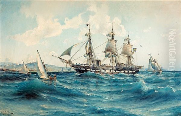 Skepp Under Unionsflagg I Medelhavet Utanfor Nordafrika Oil Painting by Herman Gustav af Sillen