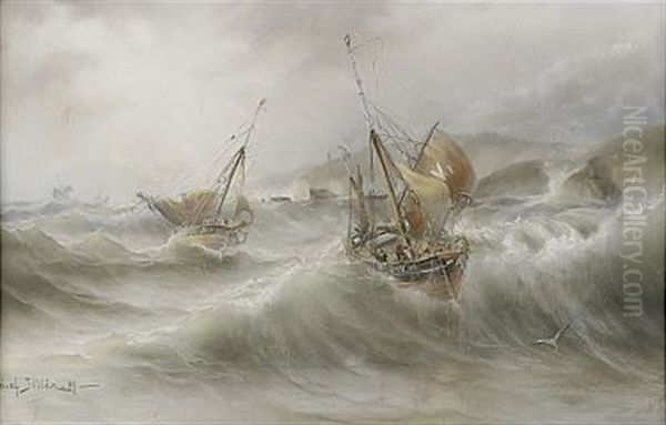 Upprort Hav Med Fiskeskutor Oil Painting by Herman Gustav af Sillen