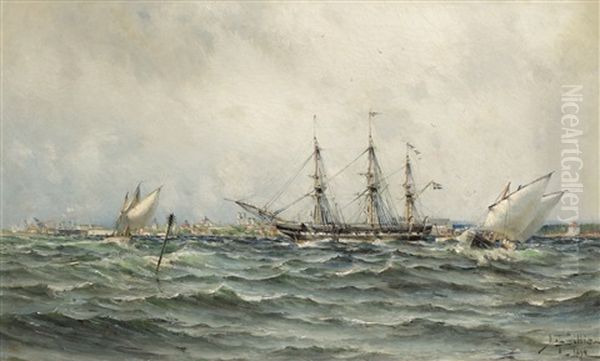 Clipper Utanfor Karlskrona Oil Painting by Herman Gustav af Sillen