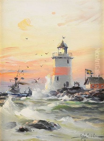 Kustlandskap Med Fyr Oil Painting by Herman Gustav af Sillen