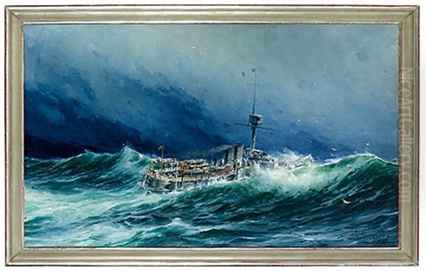 Pansarbaten "gota" I Storm Pa Nordsjon Oil Painting by Herman Gustav af Sillen