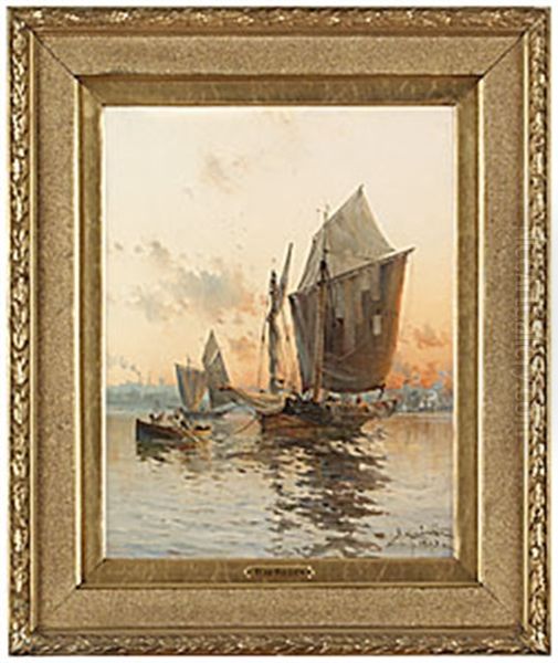 Segelskutor I Skymning Oil Painting by Herman Gustav af Sillen