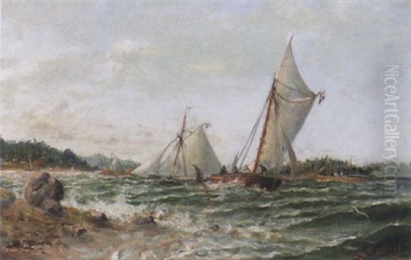 Kustvy Med Segelskutor Oil Painting by Herman Gustav af Sillen