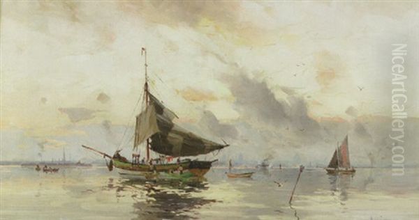 Segelskuta Pa Redden - I Fonden Stadssiluett Oil Painting by Herman Gustav af Sillen