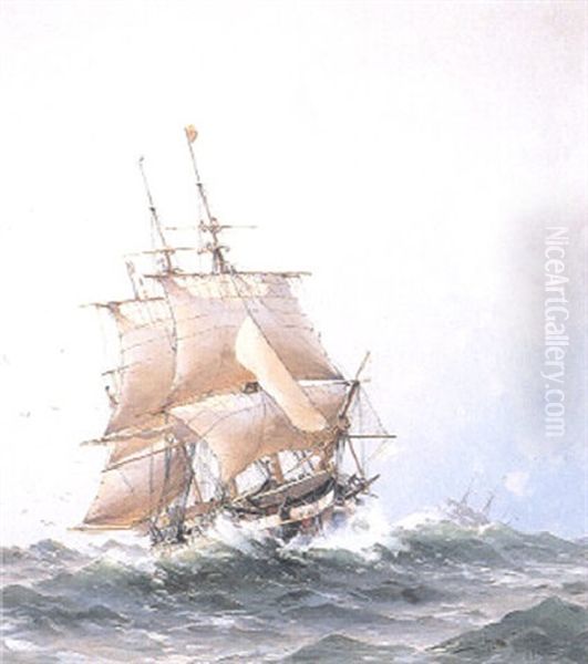 Marin Med Fullriggare Pa Upprort Hav Oil Painting by Herman Gustav af Sillen