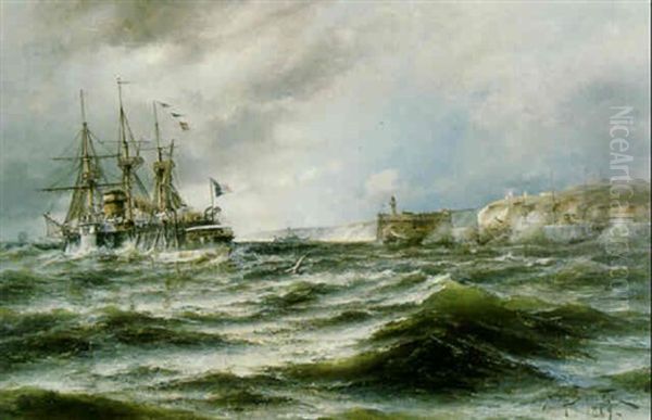 Franskt Orlogsfartyg Vid Stormig Kust Oil Painting by Herman Gustav af Sillen