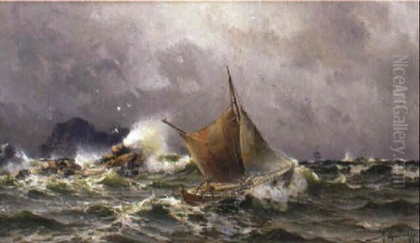 Fiskeb+t Pa Stormigt Hav Oil Painting by Herman Gustav af Sillen