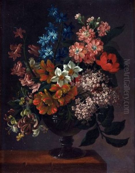 Still Life Of Mixed Flowers In A Vase On A Ledge (study) Oil Painting by James (Sillet) Sillett