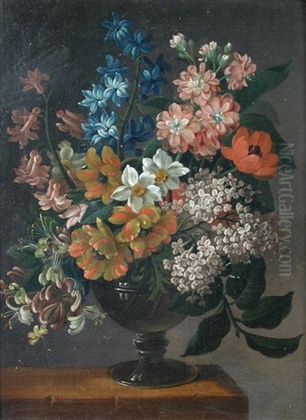 Still Life Of Lilac, Hyacinth, Narcissus, Honeysuckle, Parrot Tulips, Poppies And Apple Blossom In A Roemer Oil Painting by James (Sillet) Sillett