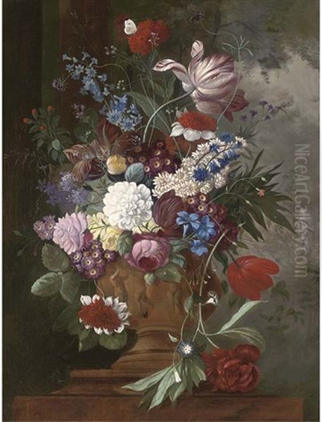 Tulips, Roses, Carnations, Auriculas And Other Spring Flowers In A Urn On A Ledge Oil Painting by James (Sillet) Sillett