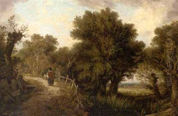 Figure By A Pond In A Wooded Landscape Oil Painting by James (Sillet) Sillett