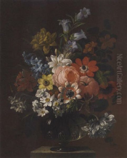 Narcissi, Tulips, Carnations, Delphiniums And Nasturtiums In A Goblet On A Ledge Oil Painting by James (Sillet) Sillett