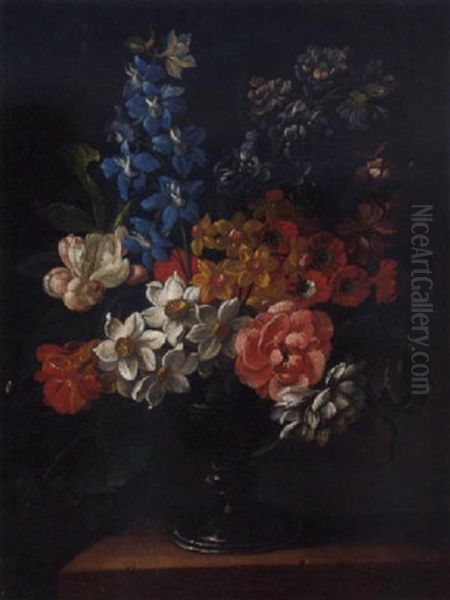 Narcissi, Tulips, Carnations, Delphiniums And Nasturtiums In A Goblet On A Ledge Oil Painting by James (Sillet) Sillett