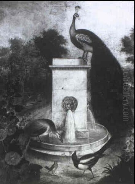 A Garden Fountain With Birds Oil Painting by James (Sillet) Sillett