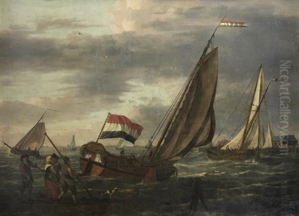 Small Dutch Sailing Vessels Near The Coastline Of The City Of Dordrecht, A Group Of Figures On The Shore In The Foreground Oil Painting by Adam Silo