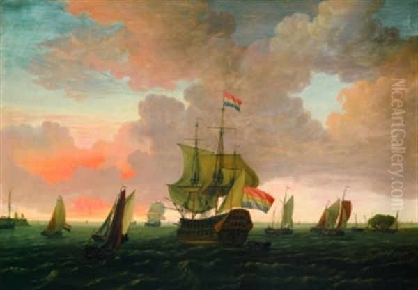 Hollandisches Kriegsschiff Und Zahlreiche Andere Segelschiffe In Einer Hafeneinfahrt by Adam Silo