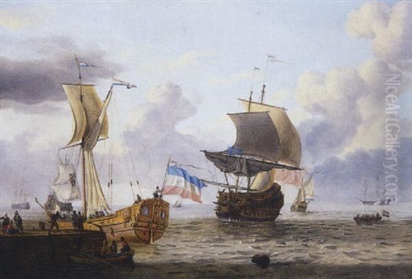 Navires De Haut Bord Au Mouillage Pres D'un Ponton Duquel S'approche Une Barque Chargee De Villageois Oil Painting by Adam Silo