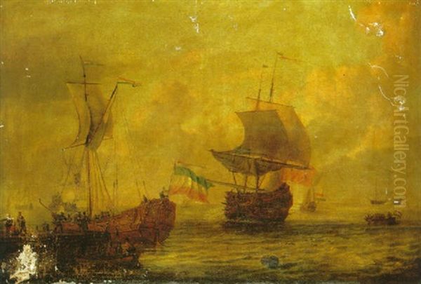 A Dutch States Yacht Moored To A Quay With Sailors In A Towing Boat In The Foreground, A British Man O'war And Other Vessels At Sea by Adam Silo