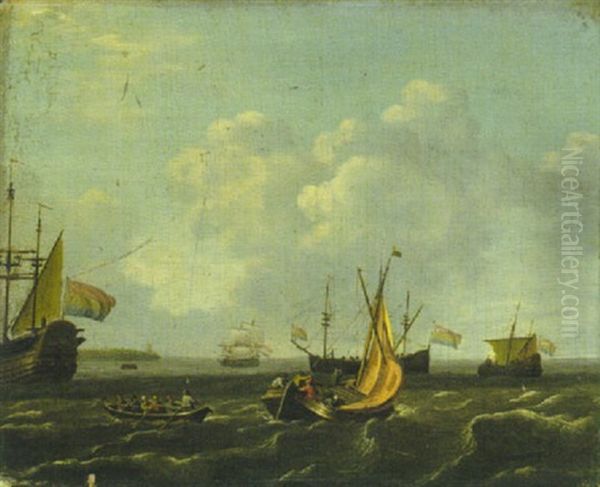 Segelboote, Ruderboot Und Niederlandische Dreimaster Vor Der Kuste Oil Painting by Adam Silo