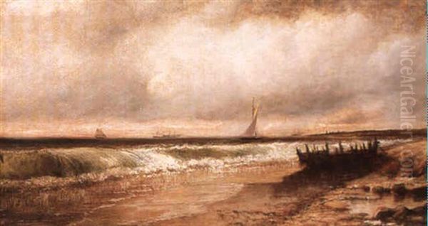 Point Judith, Rhode Island Shoreline Scene With A View Of   Sailboats And Steamers At Sunset Oil Painting by Francis Augustus Silva