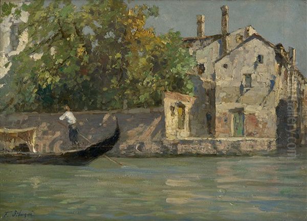 Venezianischer Kanal Im Sommer Mit Gondel Oil Painting by Ferdinando Silvani