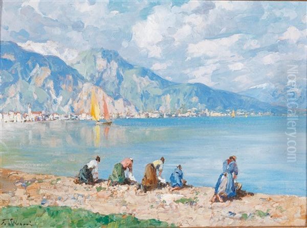 Washerwomen At Salo On Lake Garda Oil Painting by Ferdinando Silvani