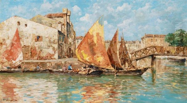 Boats On The Rio Pallada In Venice Oil Painting by Ferdinando Silvani