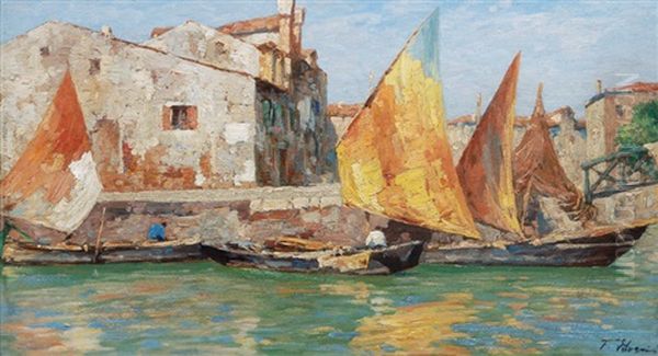 Fishing Boats In Rio Pallada - Giudecca Oil Painting by Ferdinando Silvani